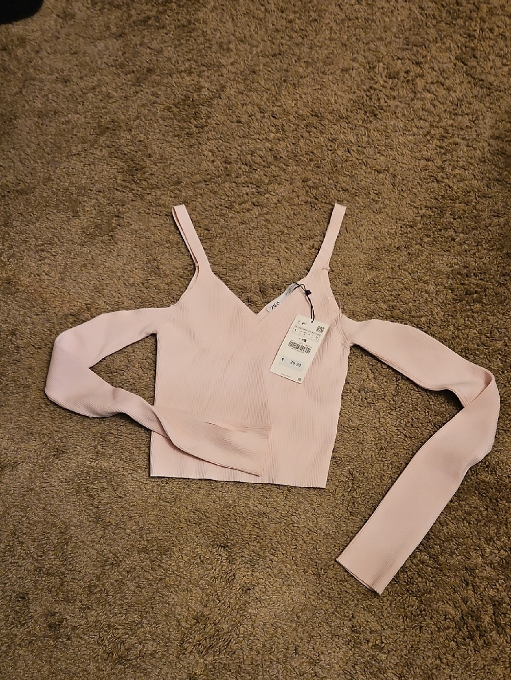 Zara Light Pink Cold-Shoulder Ribbed Crop Top